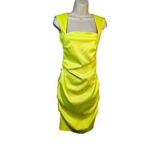 Rubber Ducky Neon Bodycon Dress Size S Ruched Open Back Sq Neck Green-Yellow NWT